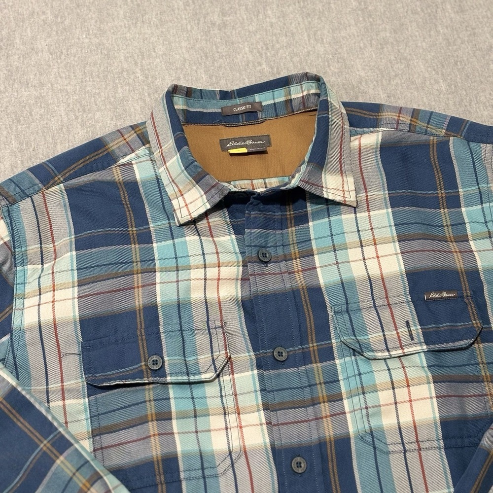 Eddie Bauer Mens Large Classic Fit Plaid Flannel Twill Button Down Shirt Blue L